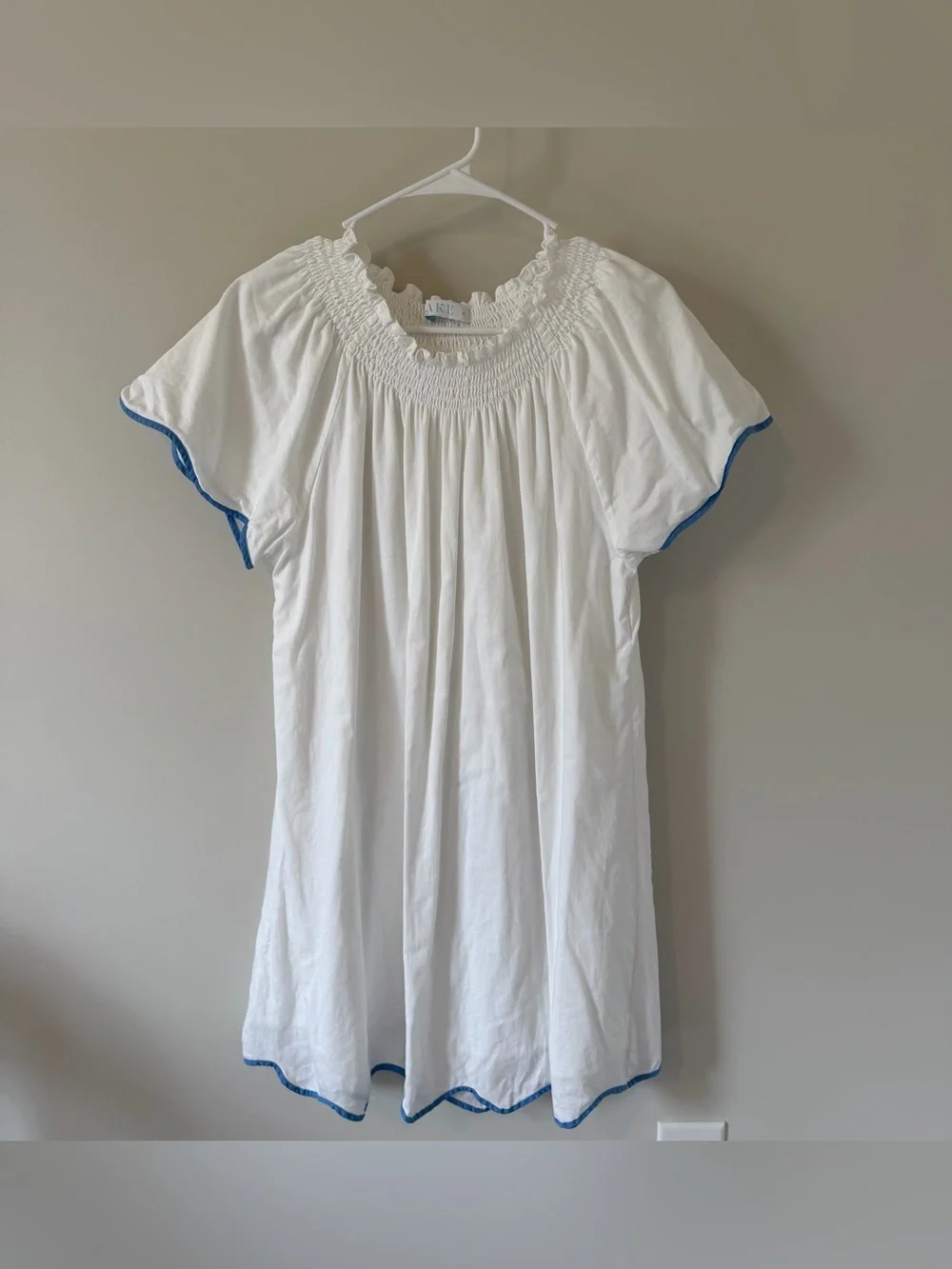 LAKE Pajamas Patio Dress White Blue Size Medium Scalloped - Picture 1 of 10